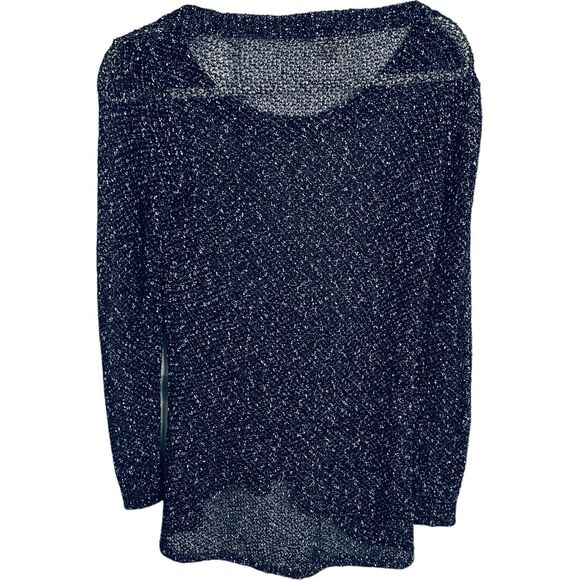 Eileen Fisher Open Knit Sweater Women XS Tunic Asymmetric Hem Black White Tweed - Picture 2 of 9